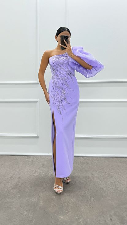 Lilac Single Sleeve Embroidered Design Dress on the Chest