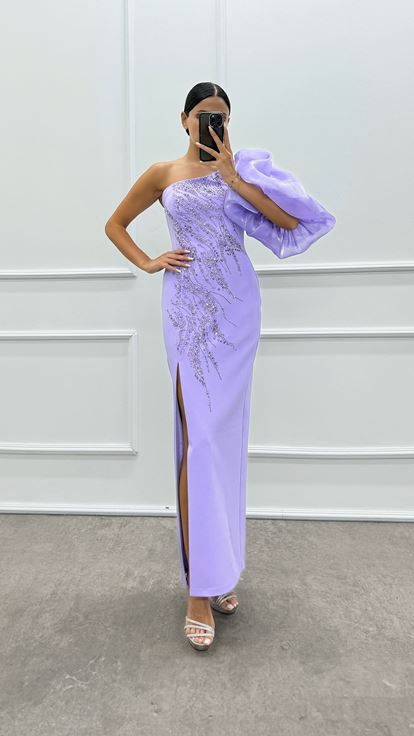 Lilac Single Sleeve Embroidered Design Dress on the Chest