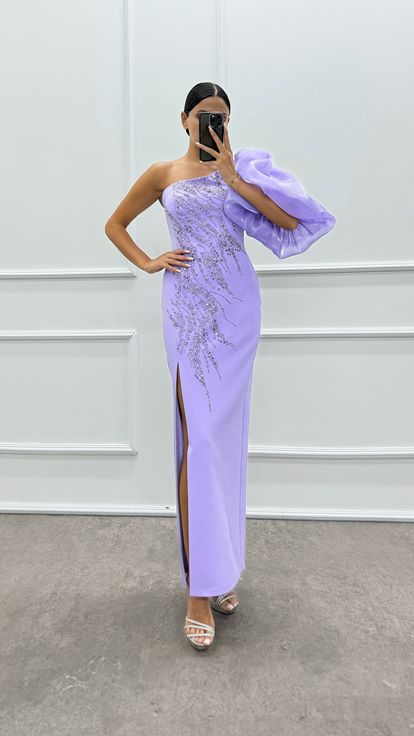 Lilac Single Sleeve Embroidered Design Dress on the Chest