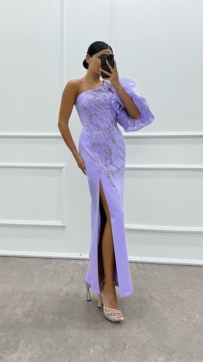 Lilac Single Sleeve Embroidered Design Dress on the Chest