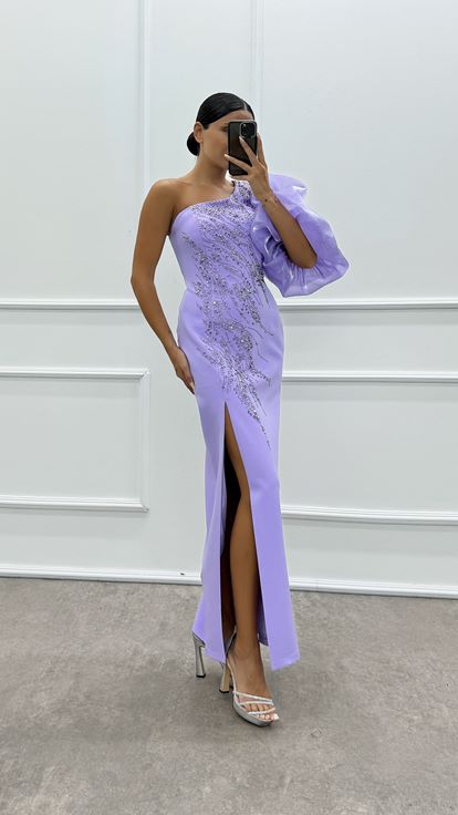 Lilac Single Sleeve Embroidered Design Dress on the Chest