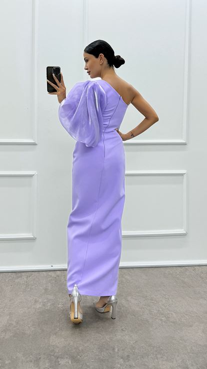 Lilac Single Sleeve Embroidered Design Dress on the Chest