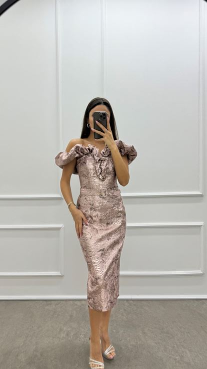 Powder Shoulders Flounce Detail Belted Jacquard Dress