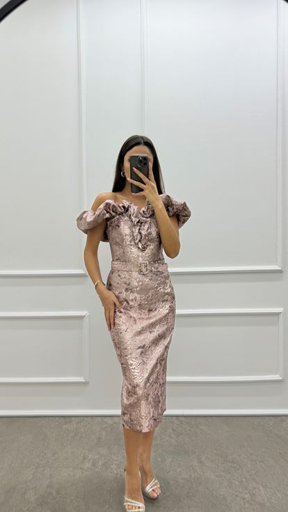 Powder Shoulders Flounce Detail Belted Jacquard Dress