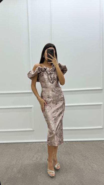 Powder Shoulders Flounce Detail Belted Jacquard Dress