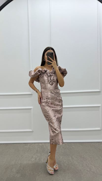 Powder Shoulders Flounce Detail Belted Jacquard Dress