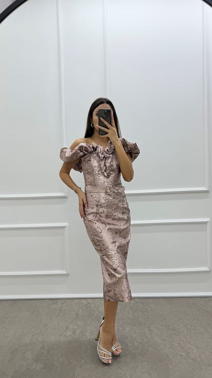 Powder Shoulders Flounce Detail Belted Jacquard Dress
