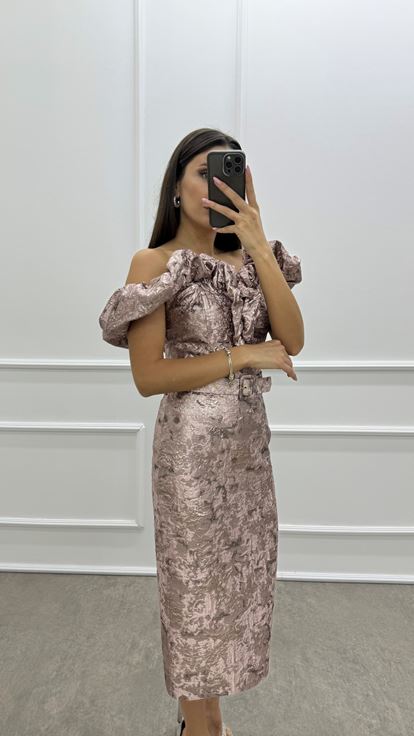 Powder Shoulders Flounce Detail Belted Jacquard Dress