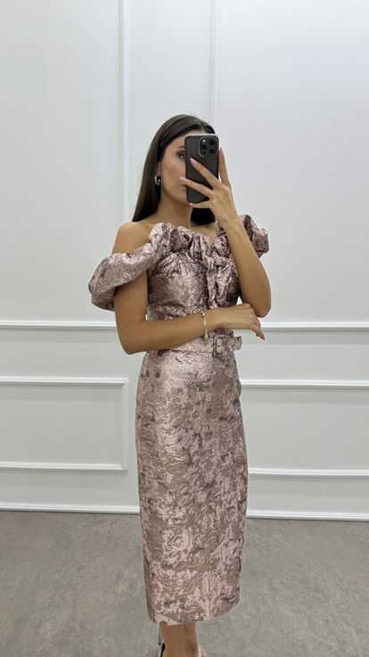 Powder Shoulders Flounce Detail Belted Jacquard Dress