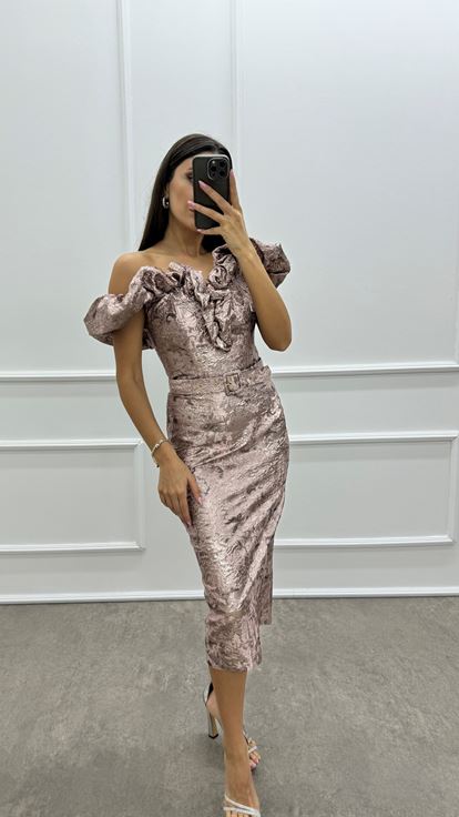 Powder Shoulders Flounce Detail Belted Jacquard Dress