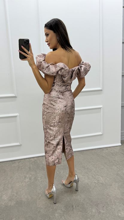 Powder Shoulders Flounce Detail Belted Jacquard Dress