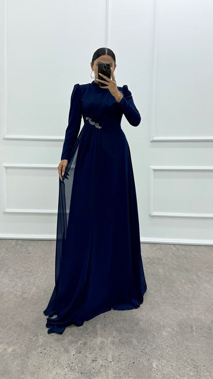 Navy Blue Design Dress with Embroidered Shoulder and Waist