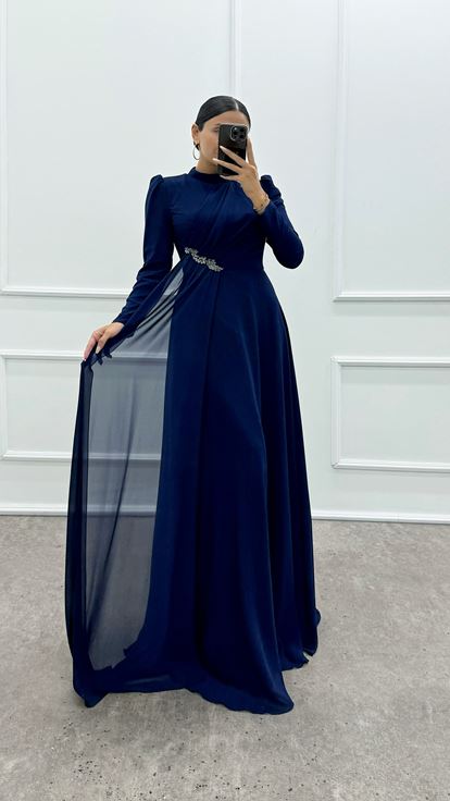 Navy Blue Design Dress with Embroidered Shoulder and Waist