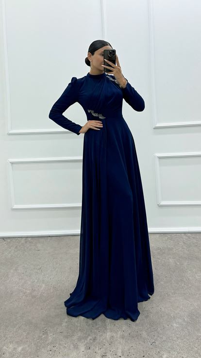 Navy Blue Design Dress with Embroidered Shoulder and Waist