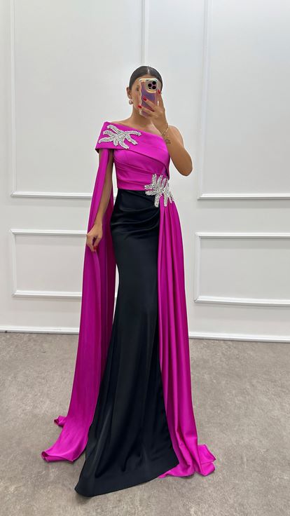 Fuchsia Strapless Embroidered Detail Design Satin Evening Dress