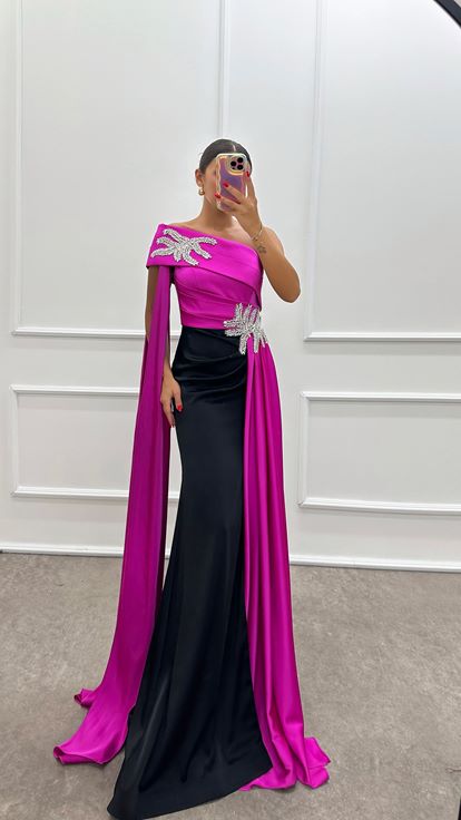 Fuchsia Strapless Embroidered Detail Design Satin Evening Dress