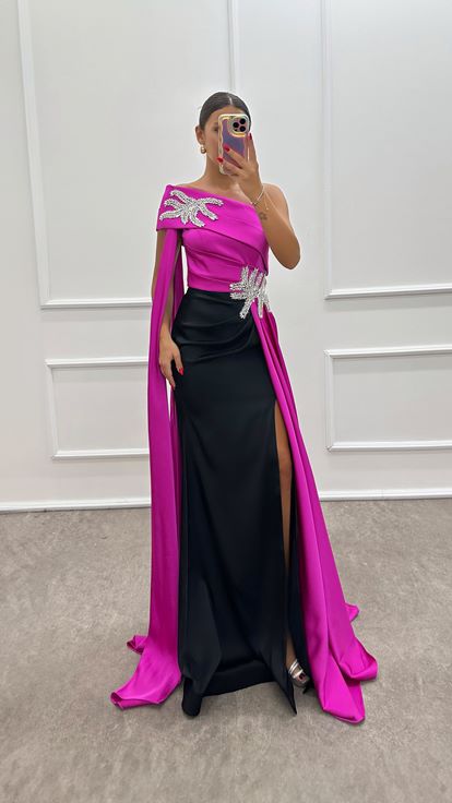 Fuchsia Strapless Embroidered Detail Design Satin Evening Dress
