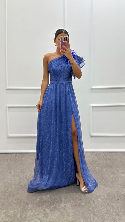 Indigo One Shoulder Feathered Design Evening Dress