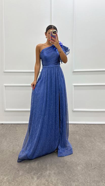 Indigo One Shoulder Feathered Design Evening Dress