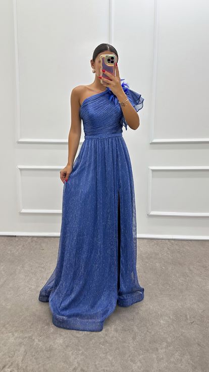 Indigo One Shoulder Feathered Design Evening Dress
