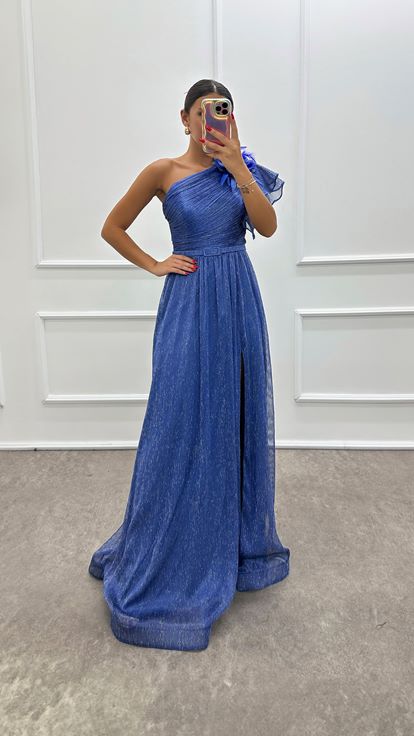 Indigo One Shoulder Feathered Design Evening Dress