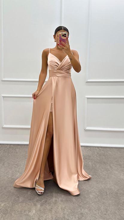 Beige Rope Strap Double Breasted Design Satin Evening Dress