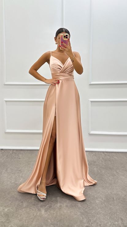 Beige Rope Strap Double Breasted Design Satin Evening Dress