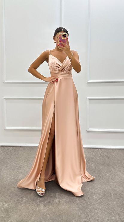 Beige Rope Strap Double Breasted Design Satin Evening Dress