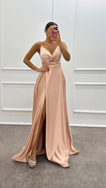 Beige Rope Strap Double Breasted Design Satin Evening Dress