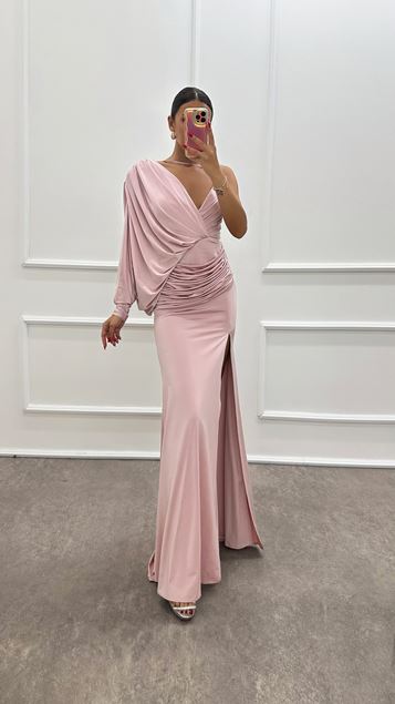 Vestido con diseño de detalle de cintura y manga única en polvo