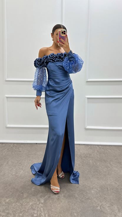 Indigo Boat Neck Rose Detail Balloon Sleeve Evening Dress