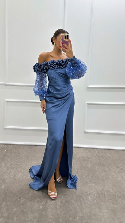 Indigo Boat Neck Rose Detail Balloon Sleeve Evening Dress