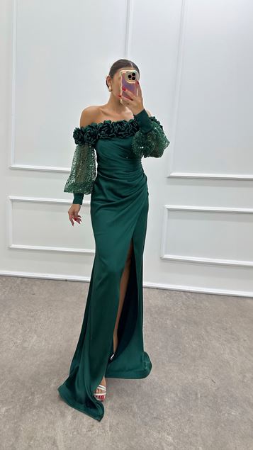 Emerald Green Boat Neck Rose Detail Balloon Sleeve Evening Dress