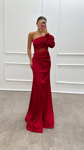 Vestido de noche transparente rojo de una sola manga