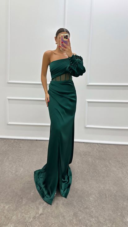 Robe de soirée transparente à manches simples vert émeraude