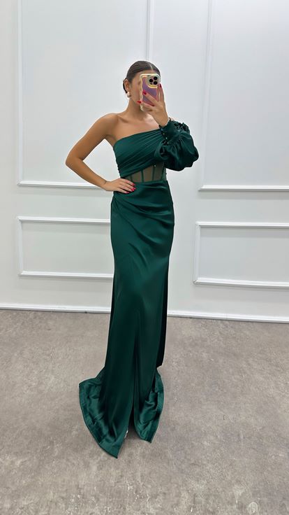 Robe de soirée transparente à manches simples vert émeraude