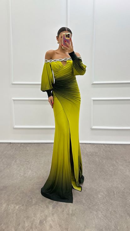 Green Boat Neck Stone Detail Evening Dress