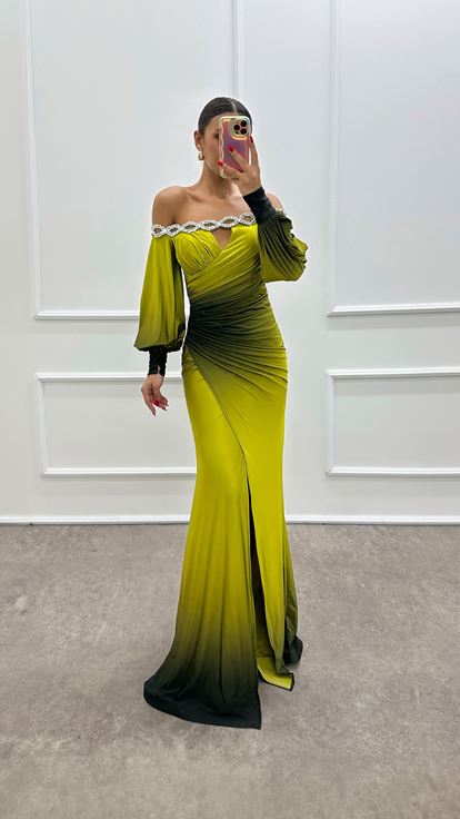 Green Boat Neck Stone Detail Evening Dress