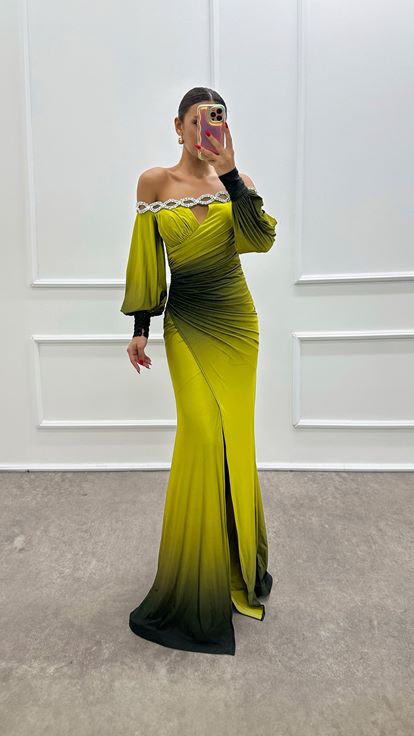 Green Boat Neck Stone Detail Evening Dress