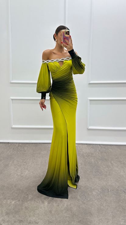 Green Boat Neck Stone Detail Evening Dress