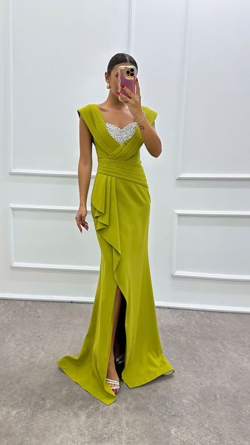 Green Chest Stone Detail Evening Dress