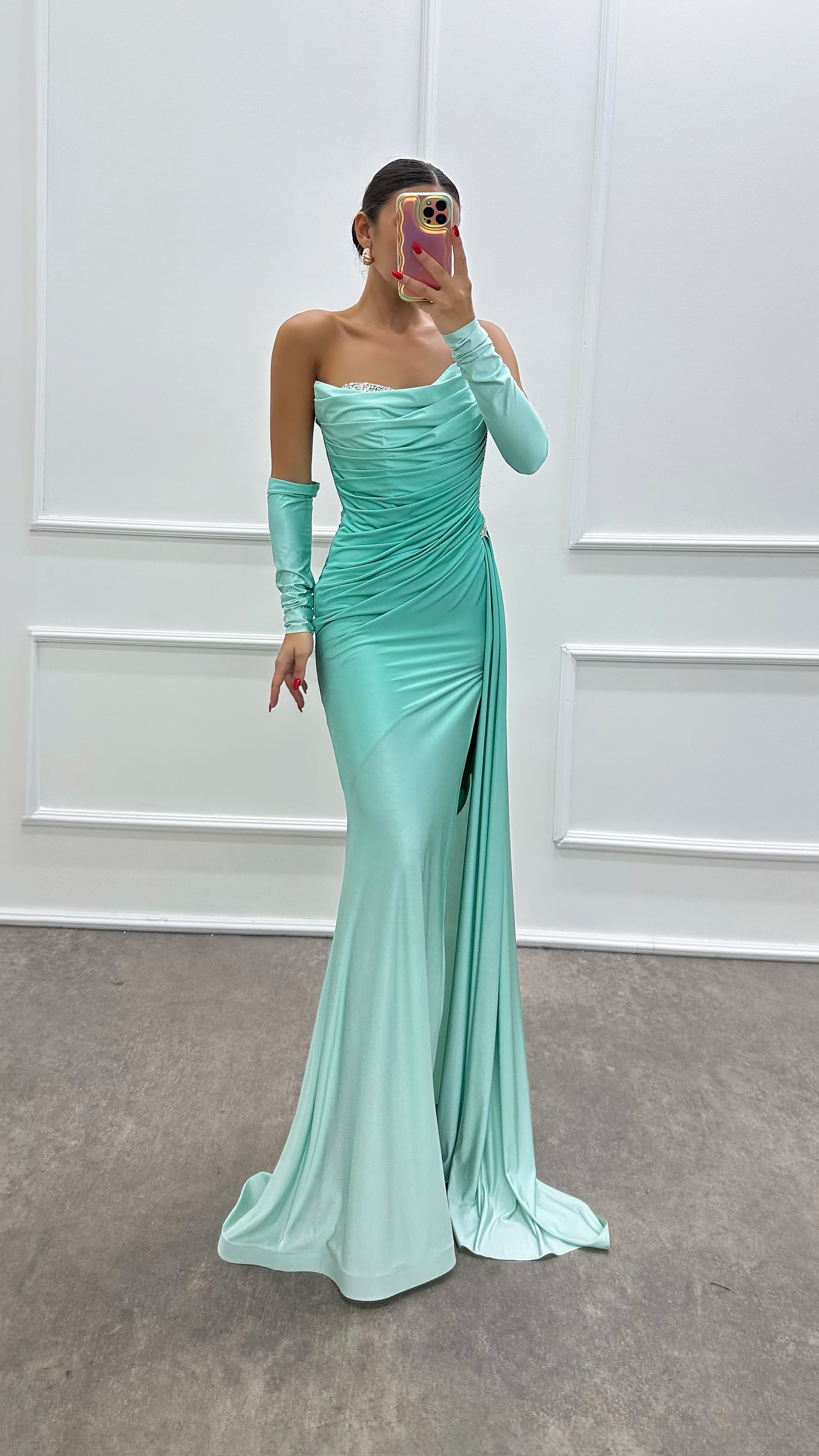 slim fit dress slacks Miss Circle Women Lael Mint Green Back Button Trailing Gown main image 0