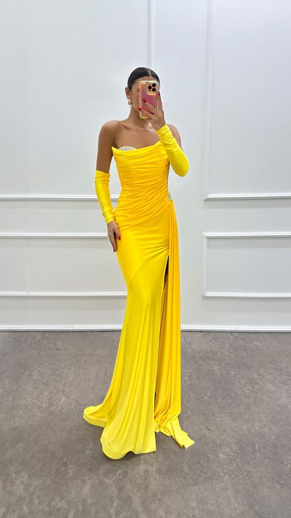 Yellow Strapless Stone Detailed Evening Dress