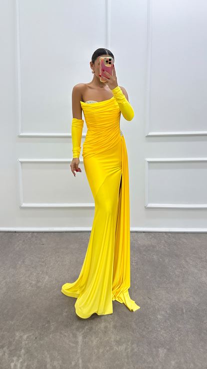 Yellow Strapless Stone Detailed Evening Dress