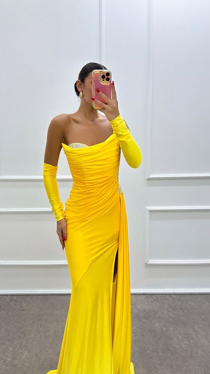 Yellow Strapless Stone Detailed Evening Dress
