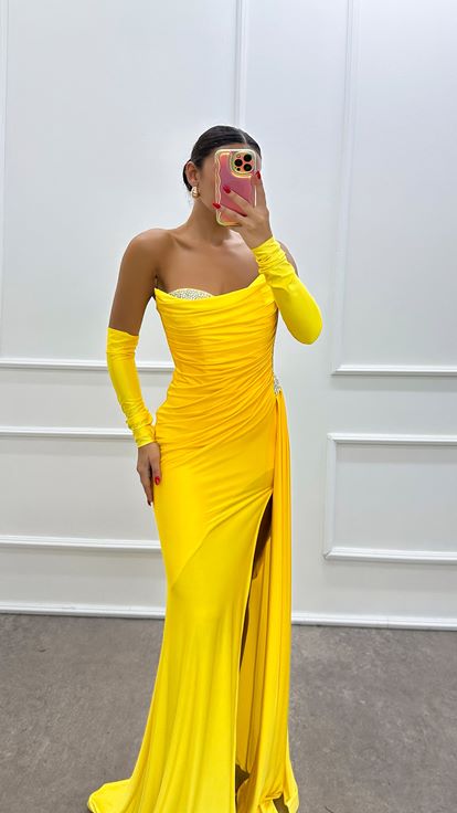Yellow Strapless Stone Detailed Evening Dress