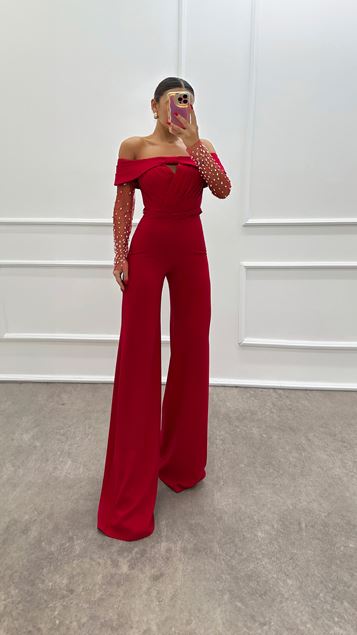Boat Neck Sleeves Tulle Design Jumpsuit