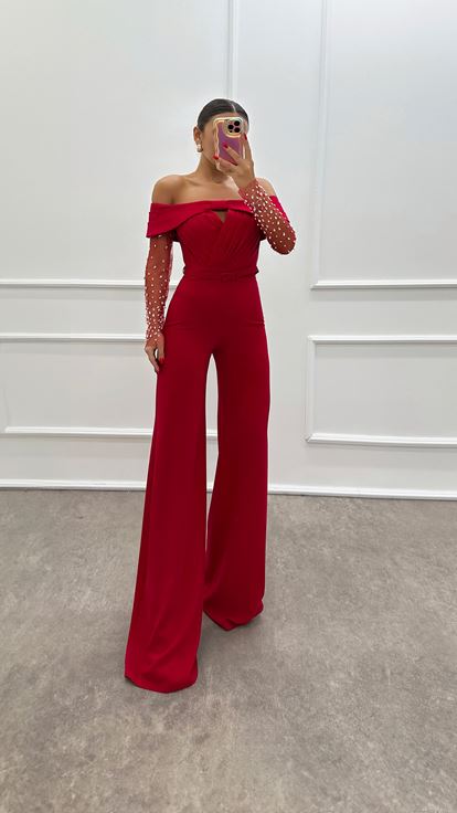 Boat Neck Sleeves Tulle Design Jumpsuit