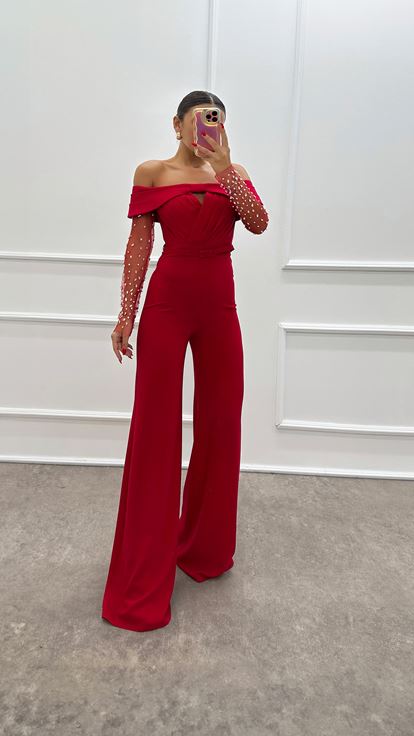 Boat Neck Sleeves Tulle Design Jumpsuit
