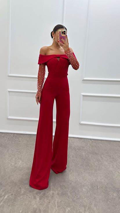 Boat Neck Sleeves Tulle Design Jumpsuit
